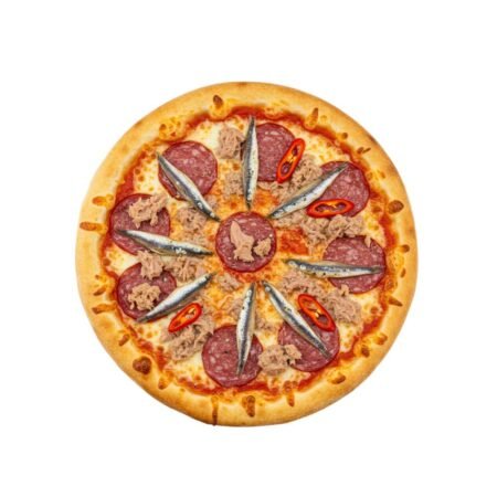 Pizza Super mit Sardellen, Peperoni, Thunfisch und Rindersalami